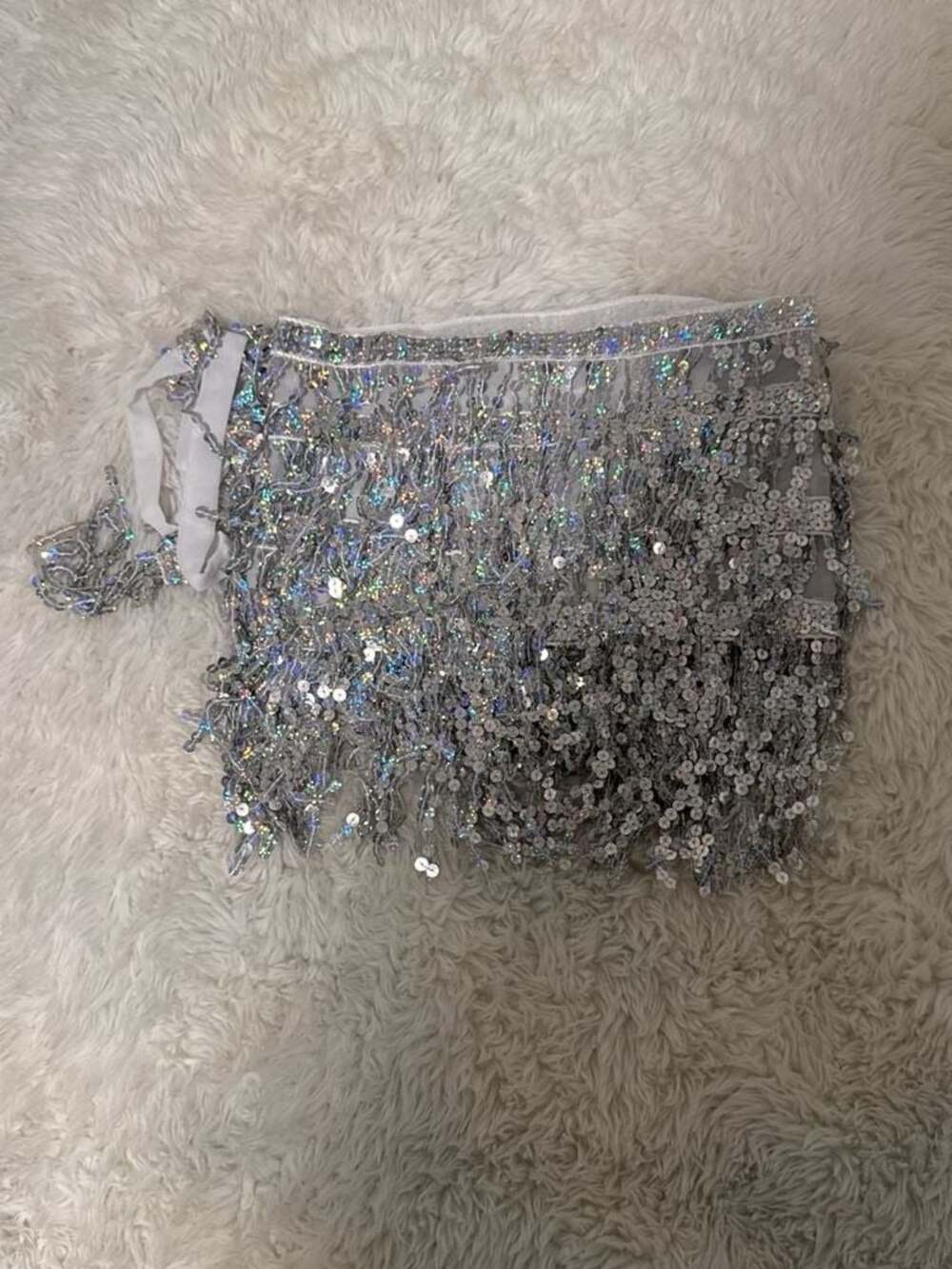 Silver Holographic Sequin Fringe Hip Scarf Wrap Skirt
